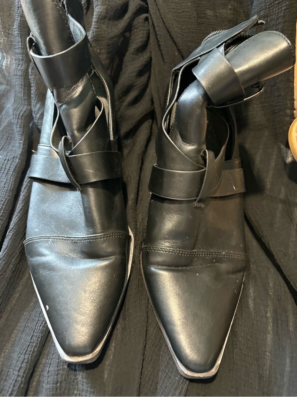 Yellow Box Black Pointed Toe Ankle Strap Booties